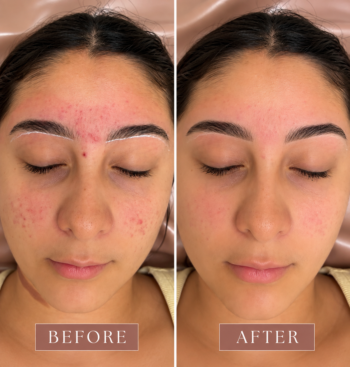 A client's brows before and after shaping at Bare Haven Wax Studio