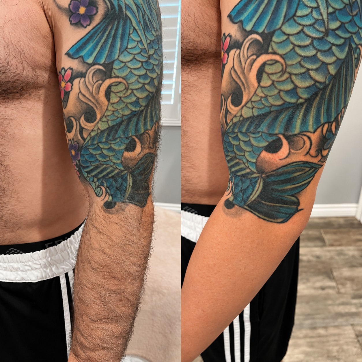 Before and after view of a client’s full arm waxing result at Bare Haven Wax Studio