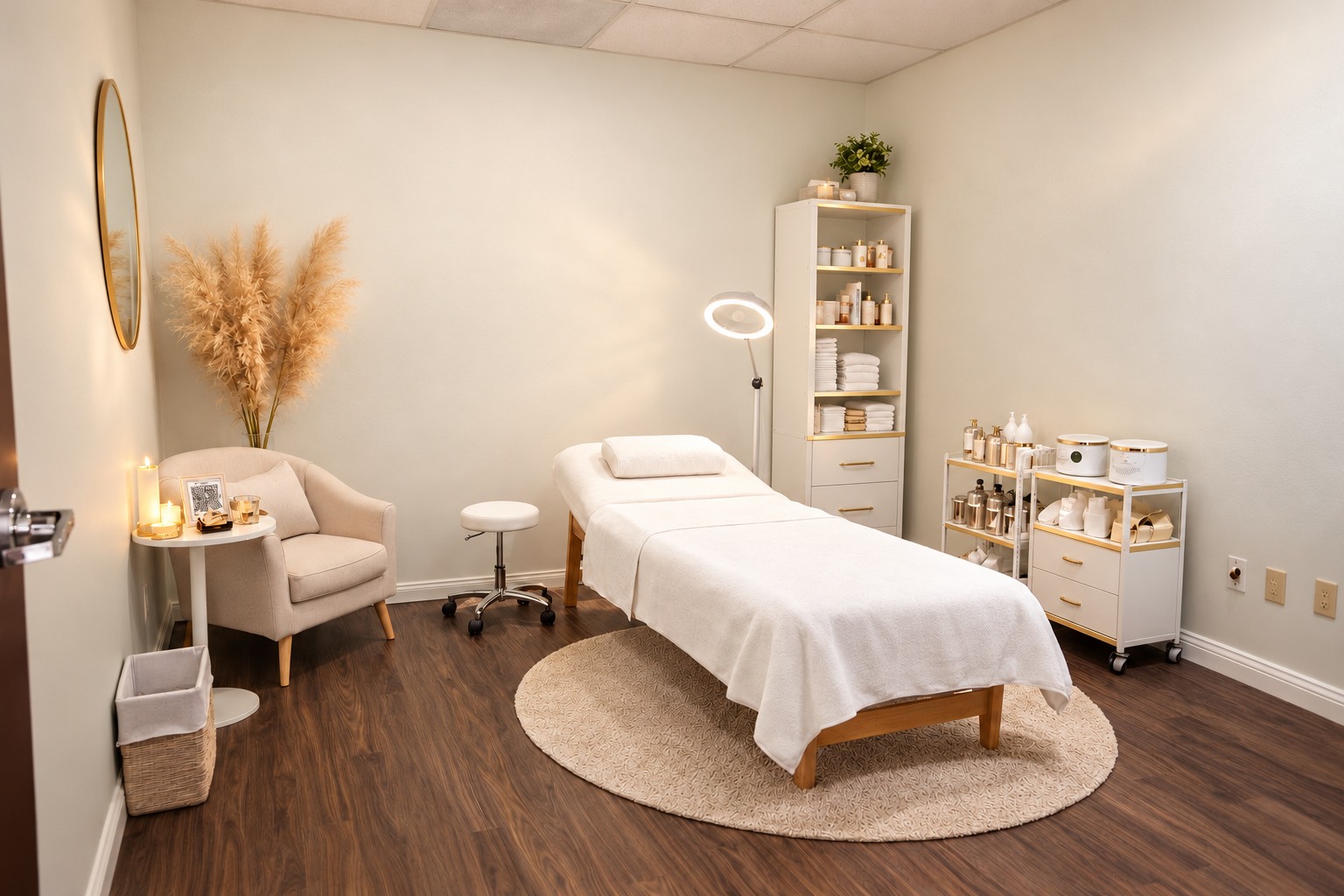The Bare Haven treatment room with a white waxing bed on a round rug, a cream boucle chair, pampas grass, and neatly arranged skincare supplies